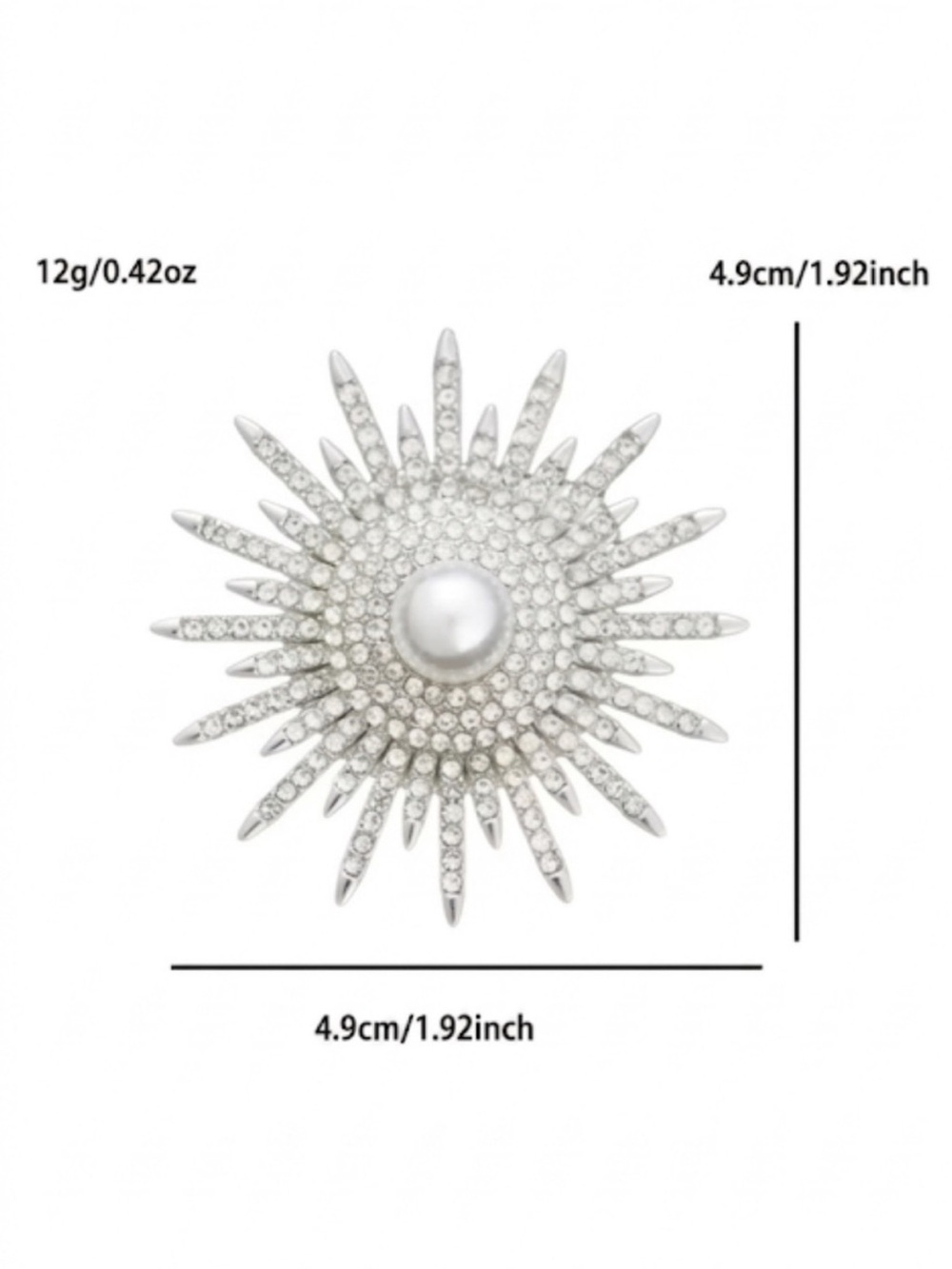 NWT Silver Sunburst Pearl Rhinestone Brooch - Celestial Starburst Pin - Picture 4 of 5